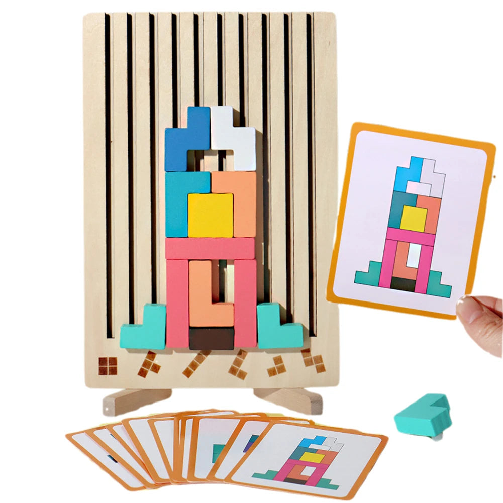 スタッキー 木製カラーパズル・チャレンジカード付き｜モンテッソーリ 知育ブロックパズル｜積み木ボードパズル｜子ども向け脳トレ玩具｜3〜5歳向け知育おもちゃ