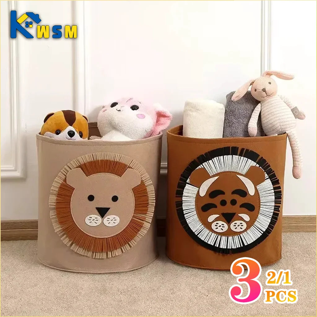 フェルト製 アニマル収納バスケット｜子供部屋 おもちゃ収納｜ランドリーバスケット 折りたたみ式｜ぬいぐるみ収納ボックス｜動物モチーフ フェルト収納